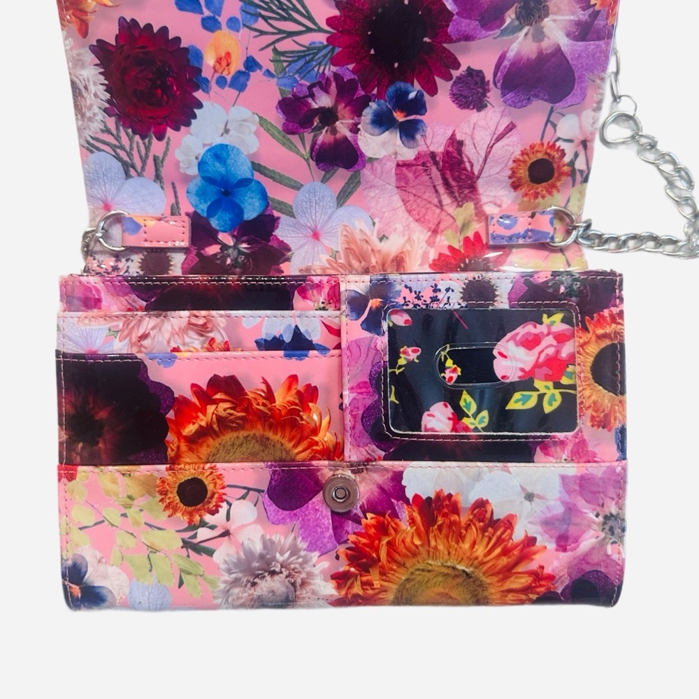BETSEY JOHNSON Vibrant Floral Print Shoulder Bag w/Silver Crossbody Chain - Picture 6 of 17